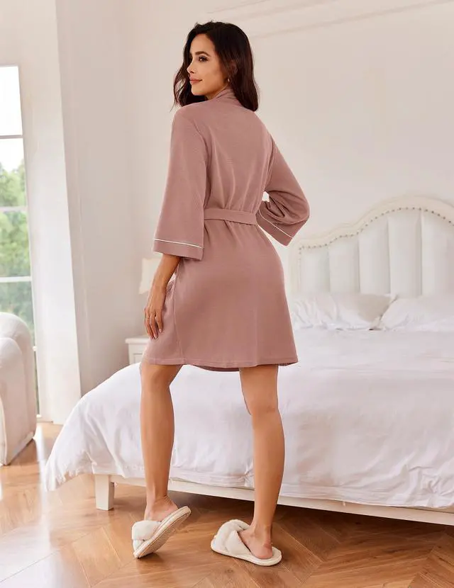 Alt view image 5 of 5 - Women Robes Waffle Knee Length Bathrobe Lightweight Soft Sleepwear V neck 3/4 Sleeve Casual Ladies Loungewear Pink S