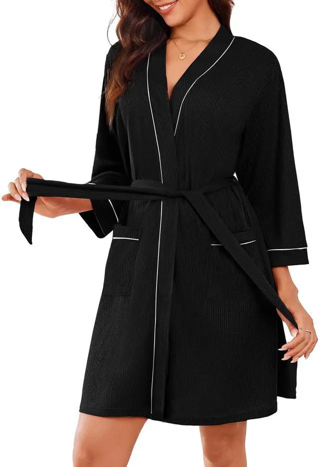 Main image of Women Robes Waffle Knee Length Bathrobe Lightweight Soft Sleepwear V neck 3/4 Sleeve Casual Ladies Loungewear Black S