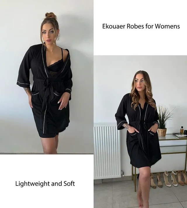 Alt view image 2 of 5 - Women Robes Waffle Knee Length Bathrobe Lightweight Soft Sleepwear V neck 3/4 Sleeve Casual Ladies Loungewear Black S