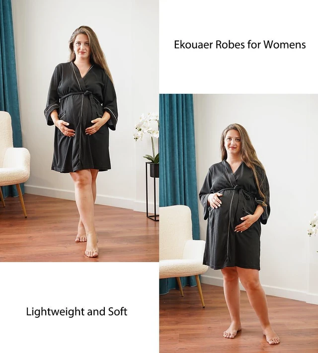 Alt view image 3 of 5 - Women Robes Waffle Knee Length Bathrobe Lightweight Soft Sleepwear V neck 3/4 Sleeve Casual Ladies Loungewear Black S