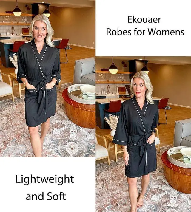 Alt view image 4 of 5 - Women Robes Waffle Knee Length Bathrobe Lightweight Soft Sleepwear V neck 3/4 Sleeve Casual Ladies Loungewear Black S