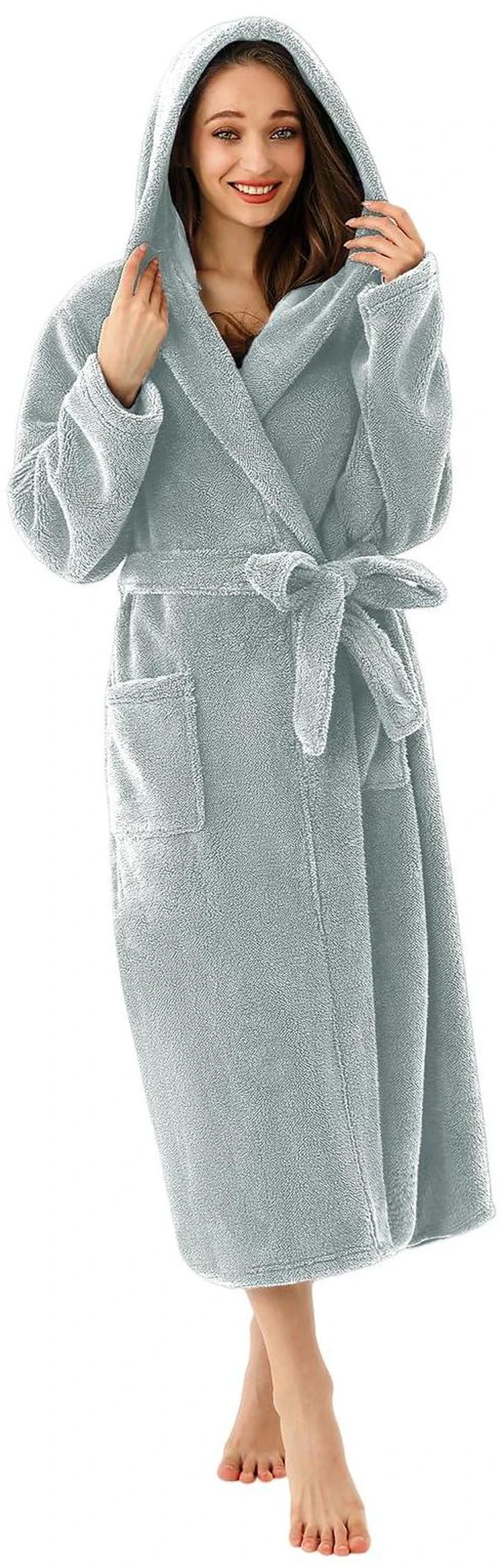 Main image of Plush Bathrobes for women Long Hooded robe Soft Warm Thick Nightgown with Pockets Belt Fluffy Sleepwear Grey XXL