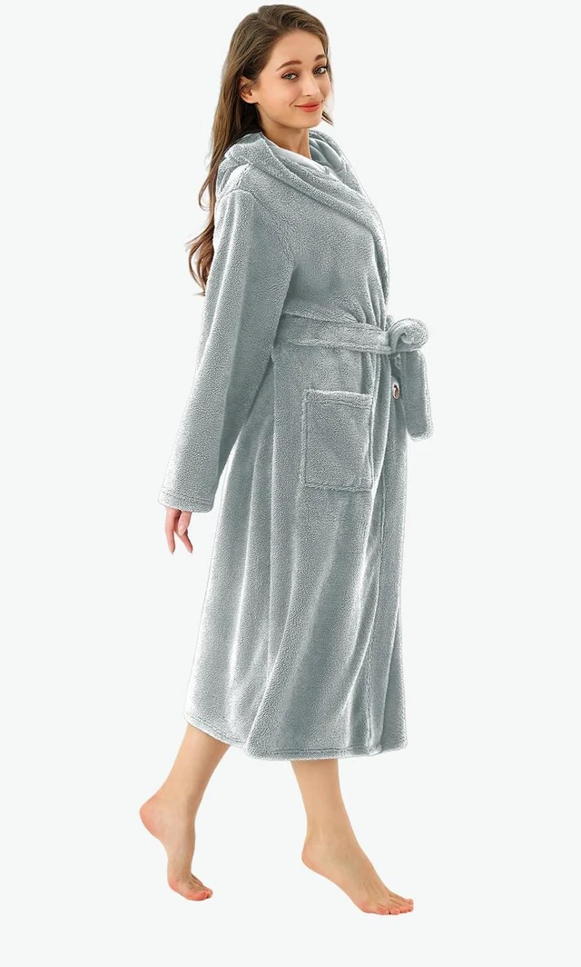 Alt view image 3 of 5 - Plush Bathrobes for women Long Hooded robe Soft Warm Thick Nightgown with Pockets Belt Fluffy Sleepwear Grey XXL