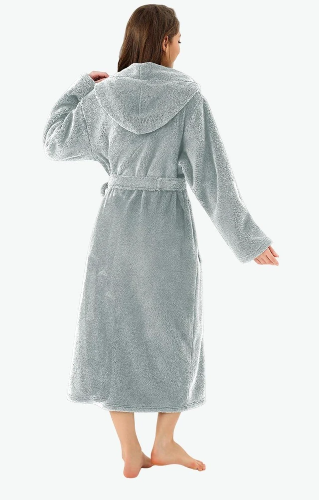 Alt view image 2 of 5 - Plush Bathrobes for women Long Hooded robe Soft Warm Thick Nightgown with Pockets Belt Fluffy Sleepwear Grey XXL