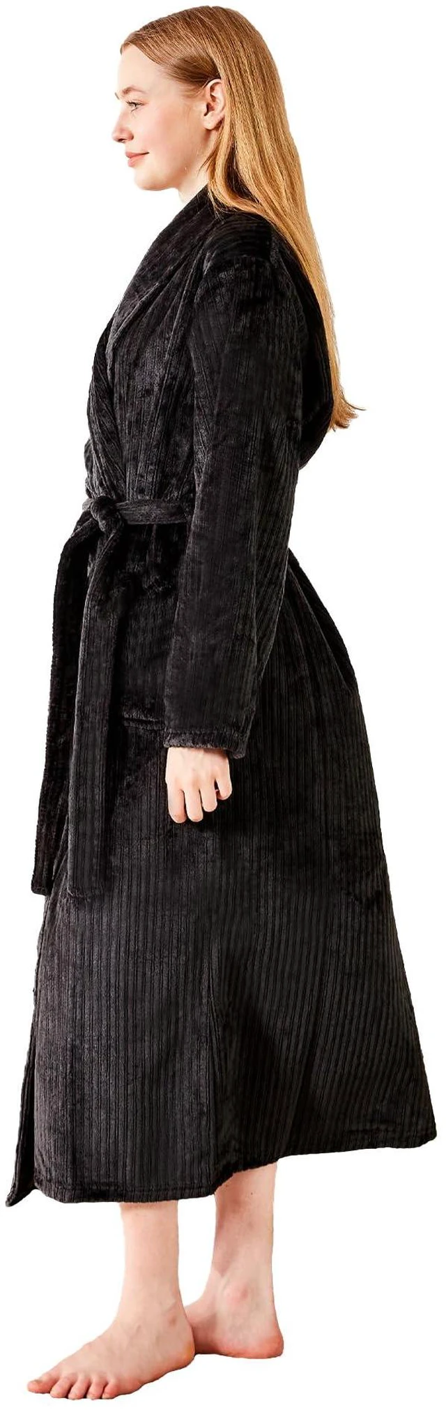 Alt view image 3 of 4 - Womens Plush Soft Fleece Robe Fluffy Warm Jacquard Bathrobe, Cozy Loungewear for Spa, Sleep, and Relaxation, Black, X-Large