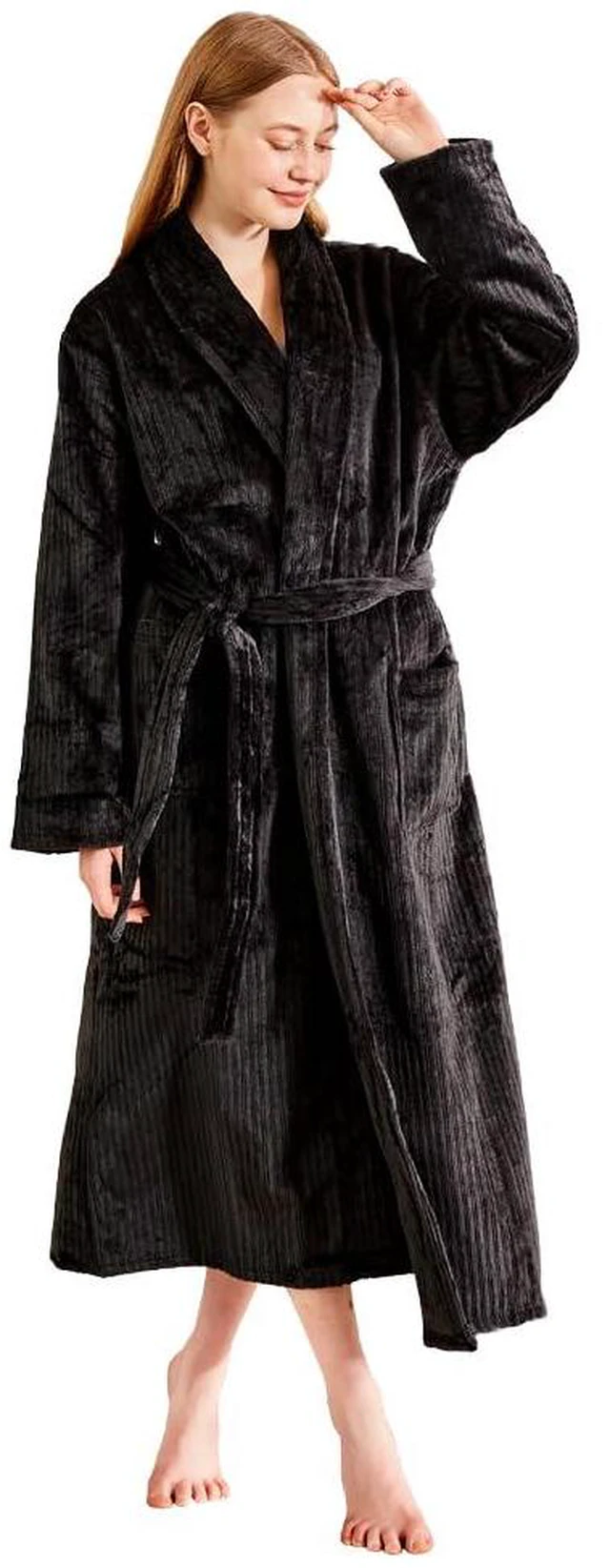 Alt view image 2 of 4 - Womens Plush Soft Fleece Robe Fluffy Warm Jacquard Bathrobe, Cozy Loungewear for Spa, Sleep, and Relaxation, Black, X-Large