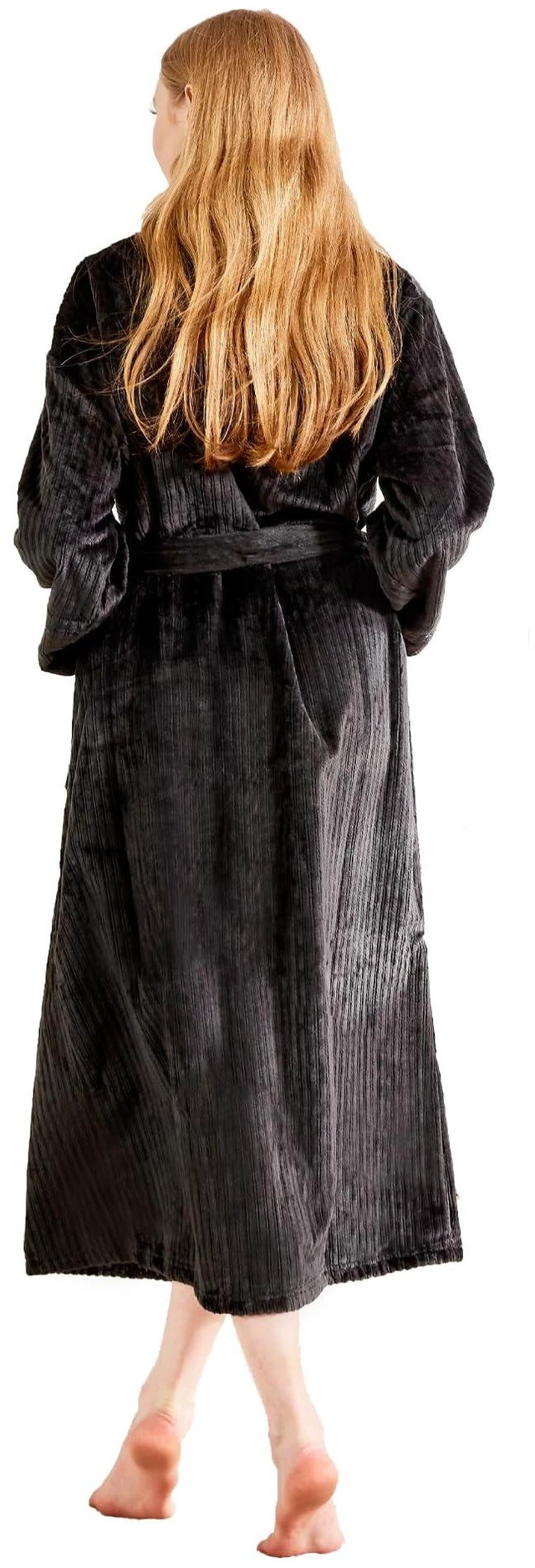 Alt view image 4 of 4 - Womens Plush Soft Fleece Robe Fluffy Warm Jacquard Bathrobe, Cozy Loungewear for Spa, Sleep, and Relaxation, Black, X-Large