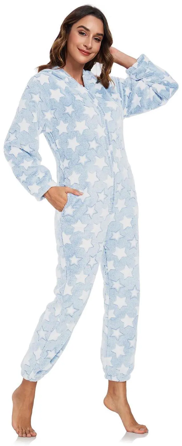 Alt view image 4 of 6 - One-piece Women Robes with Star Plush Long Bathrobe for Women Warm Soft and Lightweight for Birthday and Holiday Gifts (Blue, XXL)