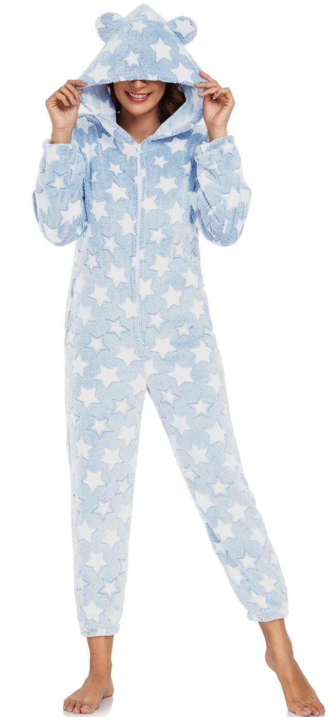 Alt view image 5 of 6 - One-piece Women Robes with Star Plush Long Bathrobe for Women Warm Soft and Lightweight for Birthday and Holiday Gifts (Blue, XXL)