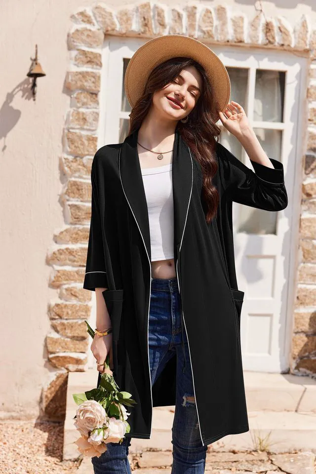 Alt view image 4 of 5 - Women Robes Bathrobe Short Kimono Robe Soft Bathrobes with Pockets