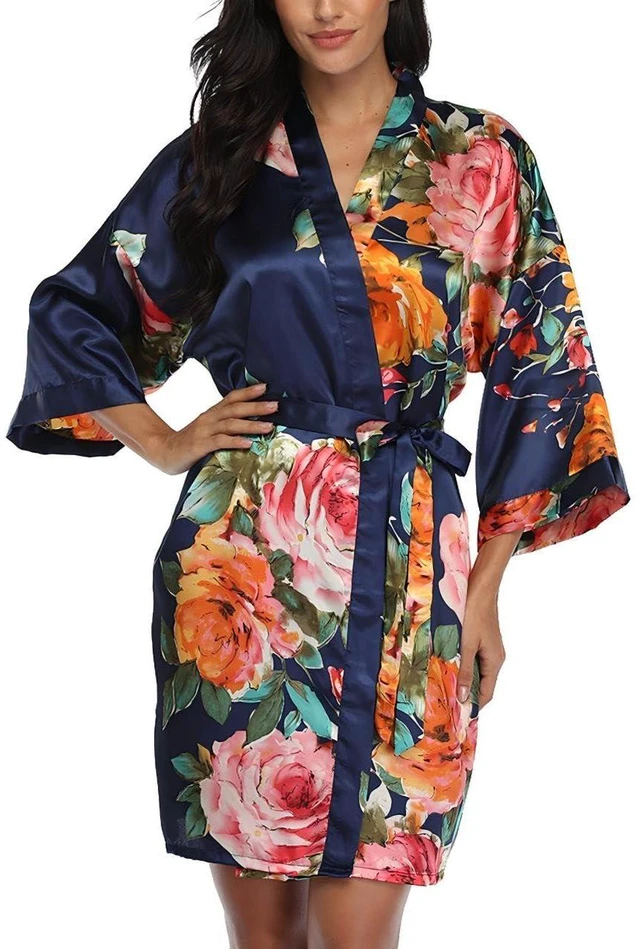 Alt view image 5 of 5 - Floral Silk Robes for Women Kimono Satin Bath Robe Bridal Dressing Gown Bride Bridesmaids Lightweight Bathrobes Navy S-L