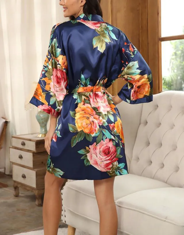 Alt view image 3 of 5 - Floral Silk Robes for Women Kimono Satin Bath Robe Bridal Dressing Gown Bride Bridesmaids Lightweight Bathrobes Navy S-L