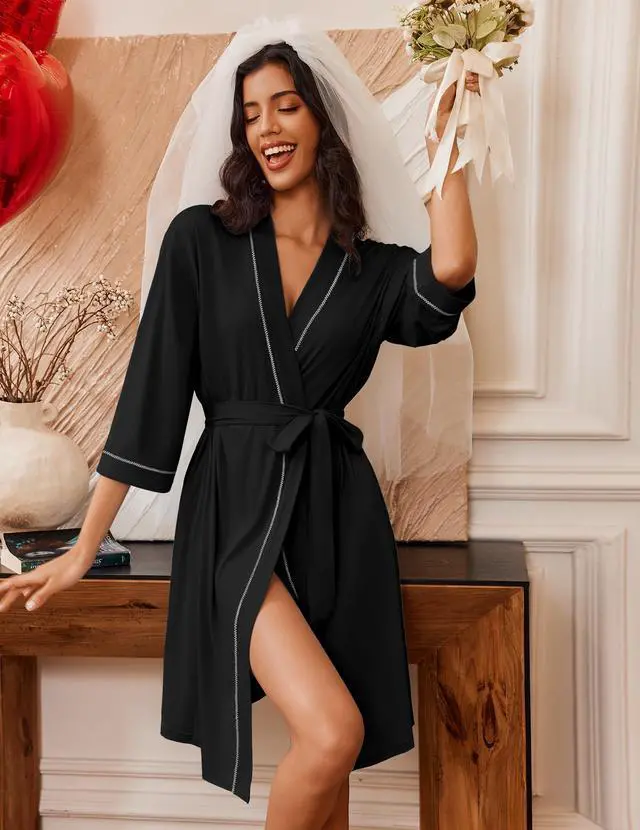 Alt view image 2 of 5 - Robes for Women 3/4 Sleeve Knee Length Bathrobe with Pockets | Super Soft Knit Fabric, Lightweight Kimono Sleepwear, Floral Print,House Coat, Casual Ladies Loungewear
