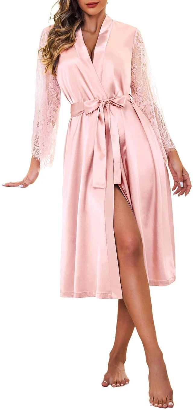 Main image of Women's Floral Lace Kimono Robe Long Sleeves Dressing Gown Bathrobe Bride Robe Nightwear