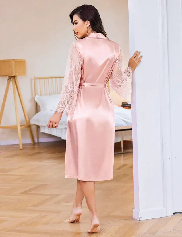 Alt view image 4 of 5 - Women's Floral Lace Kimono Robe Long Sleeves Dressing Gown Bathrobe Bride Robe Nightwear