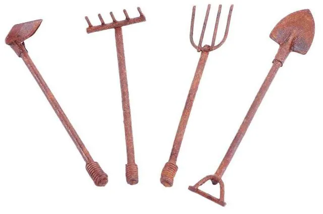 Main image of 4 Pcs/Set Miniature Dollhouse Garden Tools 1:12 Mini Rusty Shovel Hoe and Pitchfork Fairy Garden Accessories Furniture Ornaments Micro Landscape Decor (1.96~2.16Inch Long x 0.39Inch Wide)