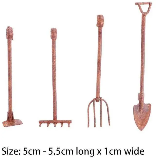 Alt view image 3 of 7 - 4 Pcs/Set Miniature Dollhouse Garden Tools 1:12 Mini Rusty Shovel Hoe and Pitchfork Fairy Garden Accessories Furniture Ornaments Micro Landscape Decor (1.96~2.16Inch Long x 0.39Inch Wide)