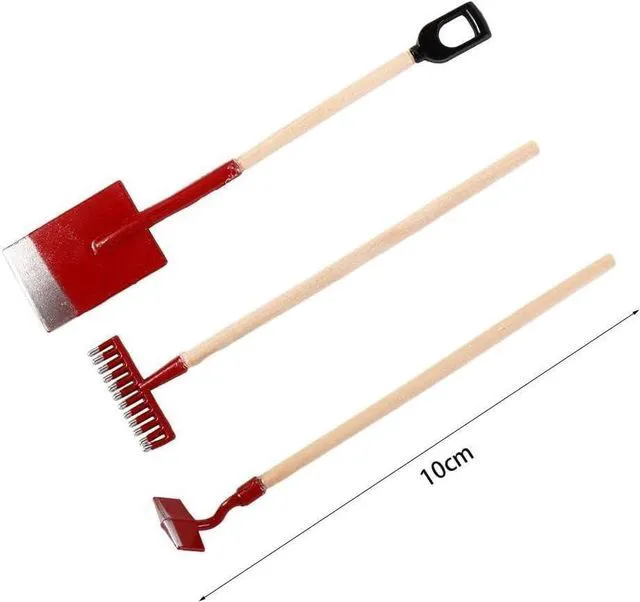 Alt view image 2 of 7 - 3 Pcs Red Miniature Garden Tools 1:12 Mini Shovels and Rake Farm Tools Fairy Garden Dollhouse Accessories Furniture Toy Sets