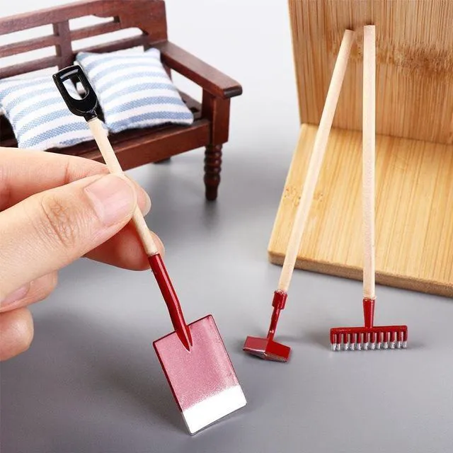 Alt view image 4 of 7 - 3 Pcs Red Miniature Garden Tools 1:12 Mini Shovels and Rake Farm Tools Fairy Garden Dollhouse Accessories Furniture Toy Sets