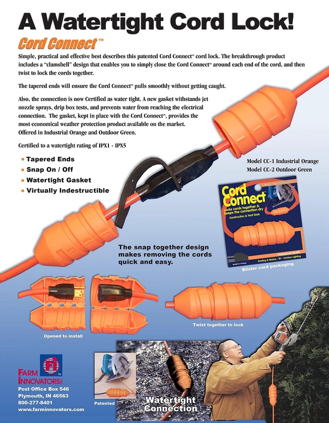 Alt view image 4 of 4 - 1 Cord Connect Watertight Cord Lock, Orange | Simple, practical, effective cord lock provides a secure, watertight connection for extension cords outdoors