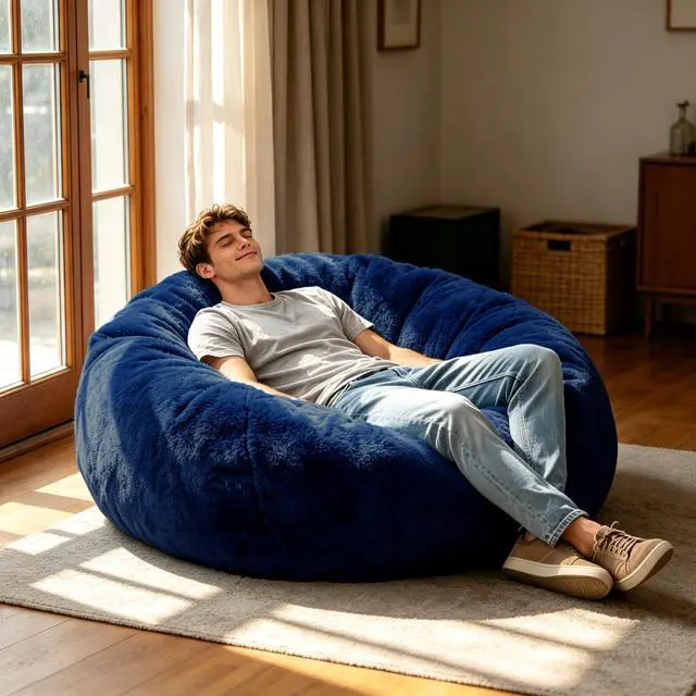 Main image of Faux Fur Bean Bag Cover (No Filler) Stuffed Animal Storage Adults Dark Blue