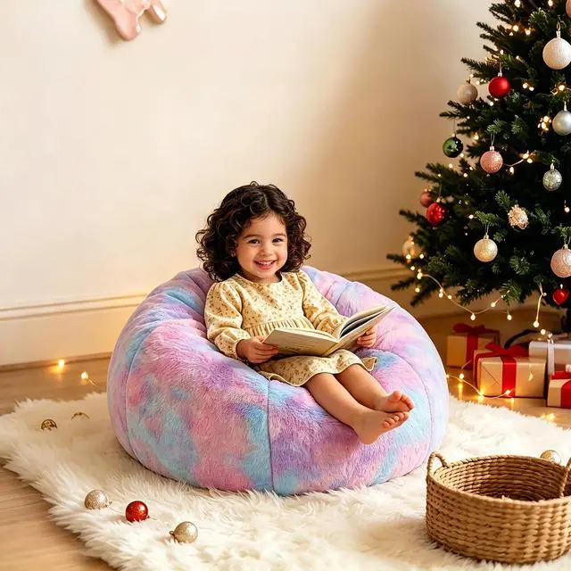 Alt view image 2 of 7 - Rainbow Faux Rabbit Fur Memory Foam Bean Bag chair for Kids Teens Bedroom