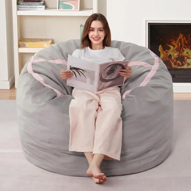 Alt view image 2 of 7 - 3ft Bean Bag Chair Giant Bean Bag Chairs with Memory Foam Filled, Large Beanbag Chair with Removable Dutch Velvet Cover for Living Room, Bedroom, Dorm, Light Grey & Pink
