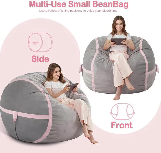 Alt view image 7 of 7 - 3ft Bean Bag Chair Giant Bean Bag Chairs with Memory Foam Filled, Large Beanbag Chair with Removable Dutch Velvet Cover for Living Room, Bedroom, Dorm, Light Grey & Pink