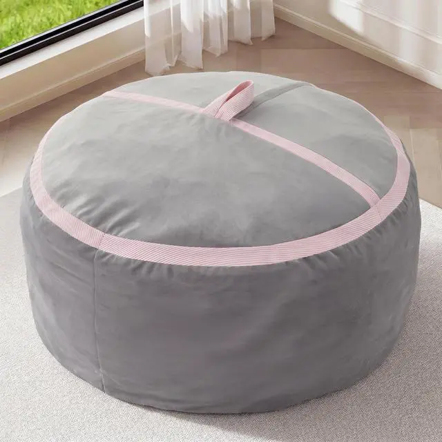 Alt view image 3 of 7 - 3ft Bean Bag Chair Giant Bean Bag Chairs with Memory Foam Filled, Large Beanbag Chair with Removable Dutch Velvet Cover for Living Room, Bedroom, Dorm, Light Grey & Pink