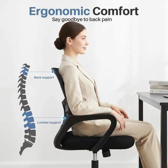 Alt view image 7 of 7 - DUMOS Home Office Chair - Ergonomic Mid Back Mesh Desk Chair with Lumbar Support & Rocking Mode, Height Adjustable, Fixed Armrest, for Conference, Computer, 360° Swivel, Adults, Black