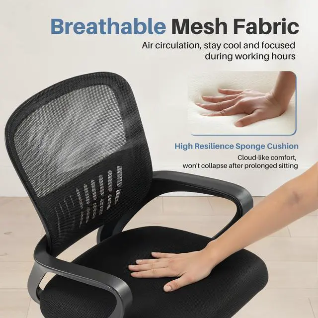 Alt view image 3 of 7 - DUMOS Home Office Chair - Ergonomic Mid Back Mesh Desk Chair with Lumbar Support & Rocking Mode, Height Adjustable, Fixed Armrest, for Conference, Computer, 360° Swivel, Adults, Black