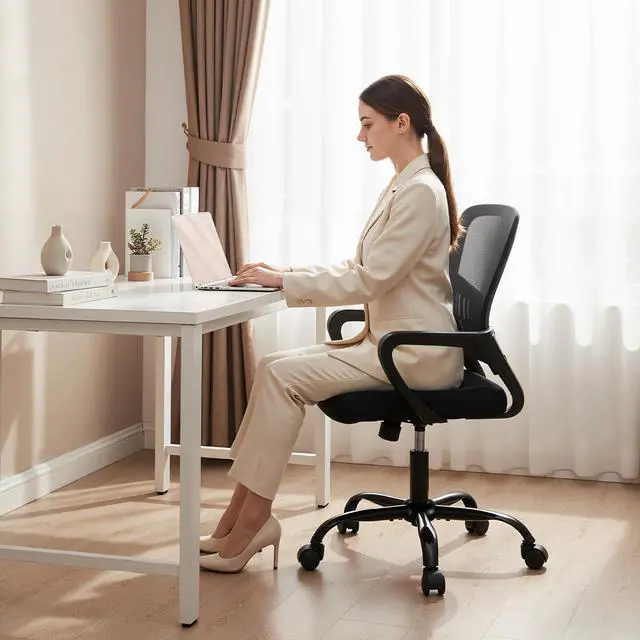 Alt view image 2 of 7 - DUMOS Home Office Chair - Ergonomic Mid Back Mesh Desk Chair with Lumbar Support & Rocking Mode, Height Adjustable, Fixed Armrest, for Conference, Computer, 360° Swivel, Adults, Black