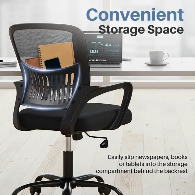 Alt view image 4 of 7 - DUMOS Home Office Chair - Ergonomic Mid Back Mesh Desk Chair with Lumbar Support & Rocking Mode, Height Adjustable, Fixed Armrest, for Conference, Computer, 360° Swivel, Adults, Black