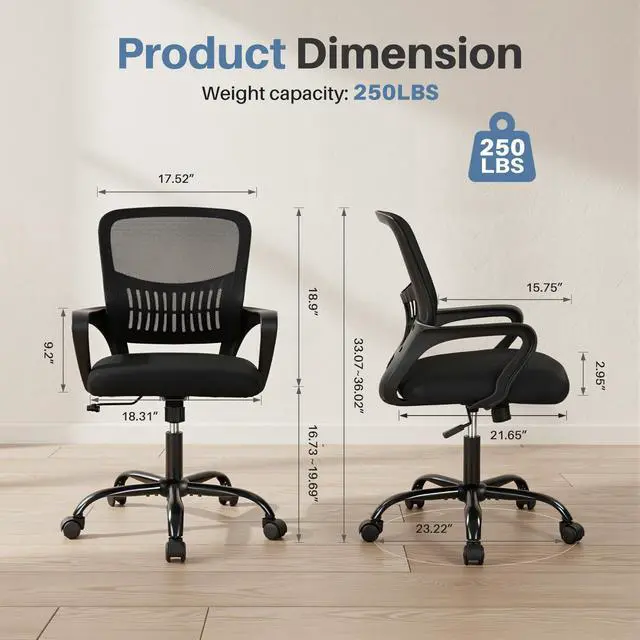 Alt view image 5 of 7 - DUMOS Home Office Chair - Ergonomic Mid Back Mesh Desk Chair with Lumbar Support & Rocking Mode, Height Adjustable, Fixed Armrest, for Conference, Computer, 360° Swivel, Adults, Black
