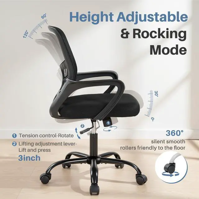 Alt view image 6 of 7 - DUMOS Home Office Chair - Ergonomic Mid Back Mesh Desk Chair with Lumbar Support & Rocking Mode, Height Adjustable, Fixed Armrest, for Conference, Computer, 360° Swivel, Adults, Black