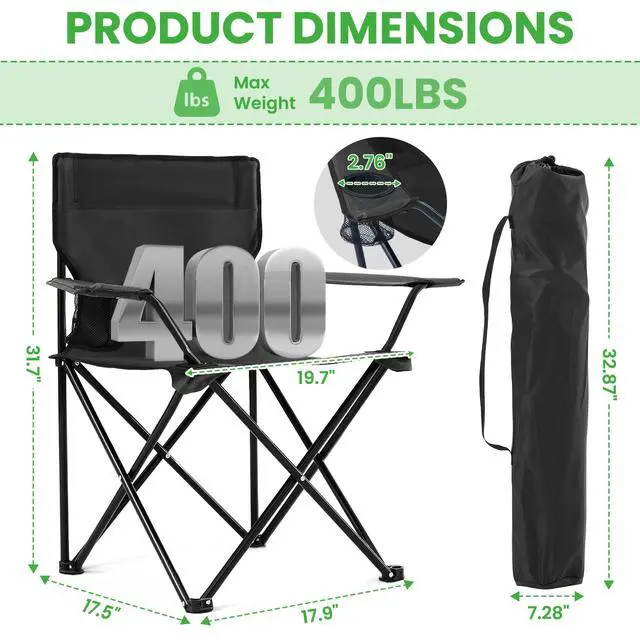 Alt view image 2 of 7 - 2 Pack Portable Camping Chairs Folding Lawn Chair Outdoor Lightweight Beach Chair with Cup Holder & Carry Bag for Outside Sports, Fishing, Hiking, Travel, Picnic, Backyard (Black-Dark)