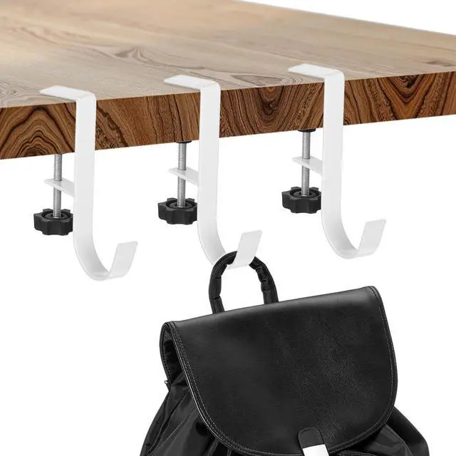 Alt view image 2 of 7 - 4Pcs Purse Hook for Table, Handbag Hanger for Desk Clamp-On Under Desk Backpack Hanger Adjustable White Bag Hook for Tables Heavy Duty Organize Desktop