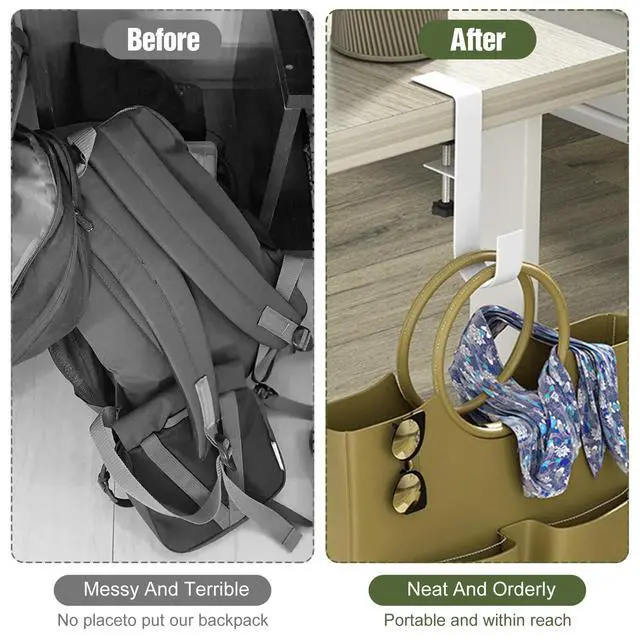 Alt view image 4 of 7 - 4Pcs Purse Hook for Table, Handbag Hanger for Desk Clamp-On Under Desk Backpack Hanger Adjustable White Bag Hook for Tables Heavy Duty Organize Desktop