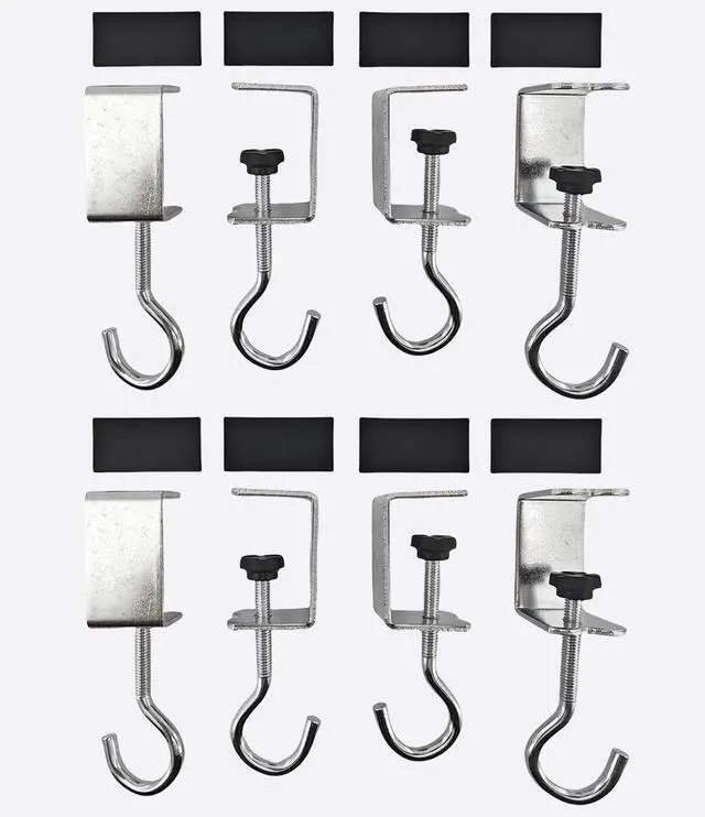 Main image of 8 Pack Desk Hanging Bag Holder Clamp-On Metal Backpack Hanger with Adhesive Pads Industrial Style, Heavy Duty Hooks for Desk, Portable Adjustable Table Banner Clips, Under Desk Purse Hook (Silver)