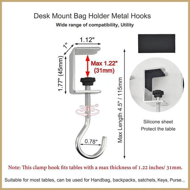 Alt view image 2 of 7 - 8 Pack Desk Hanging Bag Holder Clamp-On Metal Backpack Hanger with Adhesive Pads Industrial Style, Heavy Duty Hooks for Desk, Portable Adjustable Table Banner Clips, Under Desk Purse Hook (Silver)