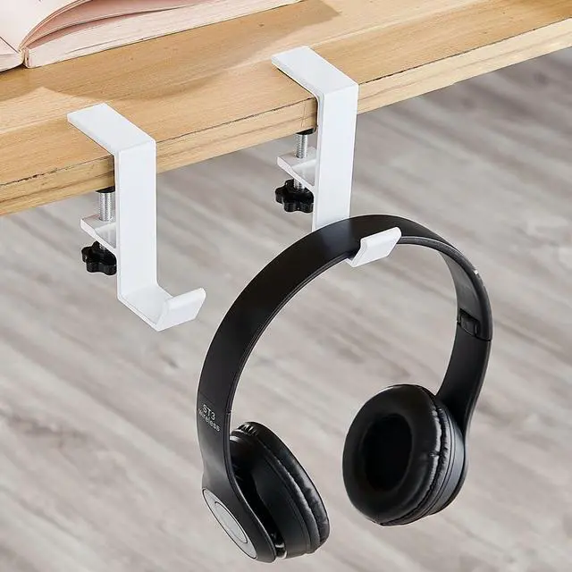 Alt view image 2 of 6 - 2Pcs Clamp-On Under Desk Headphone Holder Students' Desk Hook Women's Bag Hook with Adjustable Arm Clamp Backpack Handbag and Purse Holder - Suitable for Plate Between 1-5cm / 0.4-1.96 - White