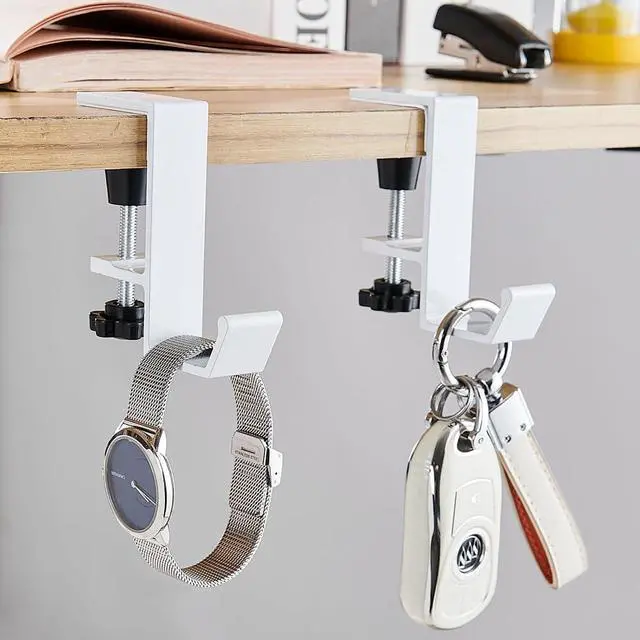 Alt view image 3 of 6 - 2Pcs Clamp-On Under Desk Headphone Holder Students' Desk Hook Women's Bag Hook with Adjustable Arm Clamp Backpack Handbag and Purse Holder - Suitable for Plate Between 1-5cm / 0.4-1.96 - White