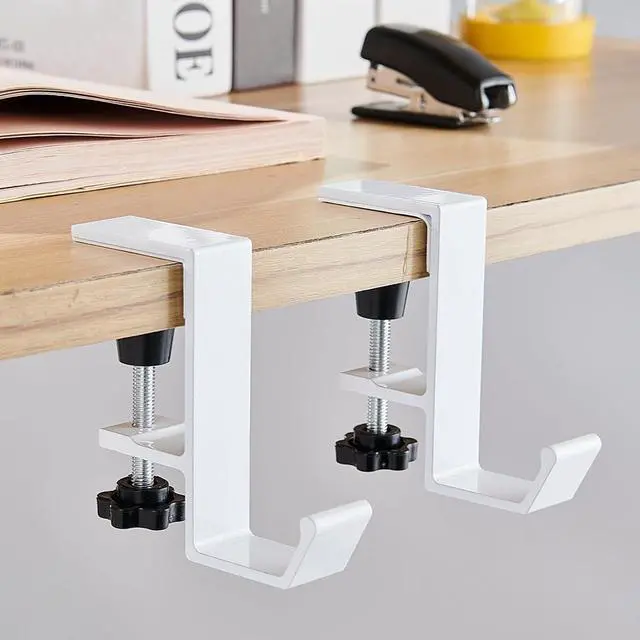 Alt view image 6 of 6 - 2Pcs Clamp-On Under Desk Headphone Holder Students' Desk Hook Women's Bag Hook with Adjustable Arm Clamp Backpack Handbag and Purse Holder - Suitable for Plate Between 1-5cm / 0.4-1.96 - White