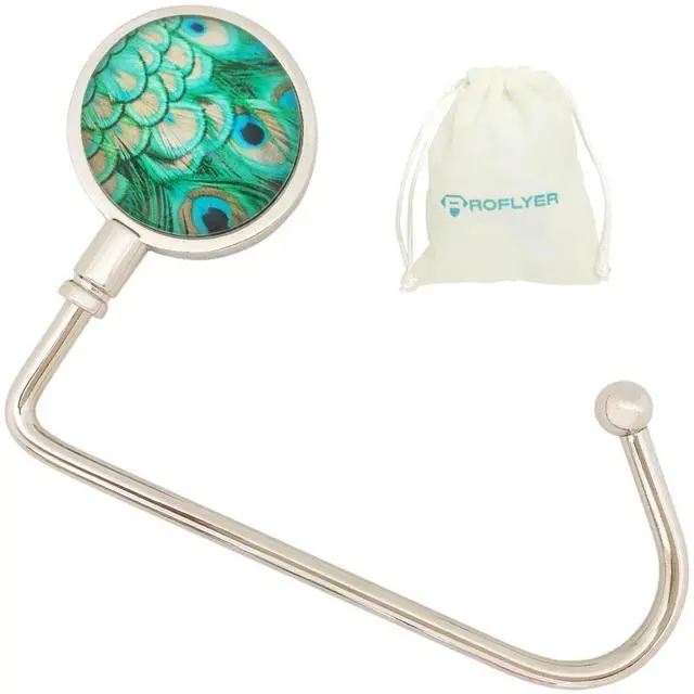 Main image of Purse Hook Hanger for Table Bar Handbag Hanger Safer Cleaner Bag Table Hanger with Velvet Pouch (Peacock Feather)