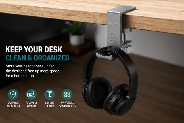Alt view image 2 of 7 - Under Desk Headphone Hanger, Foldable Aluminum Headset Hook for Clean Desk Setup, Space Saving Clamp Mount for Gaming & Home Office