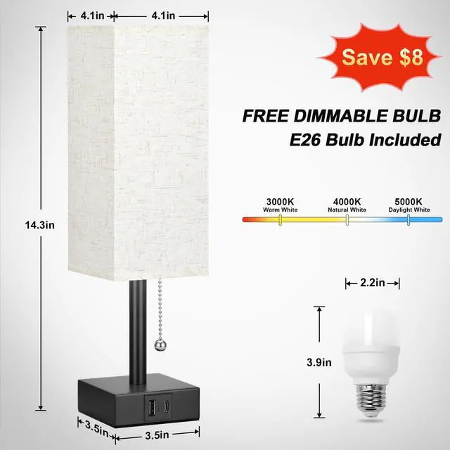 Alt view image 2 of 7 - Bedside Table Lamp with 3 Color Temperatures - 3000/4000/5000K Small Lamp with USB C+A Ports, Nightstand Lamp with 3 Color Modes by Pull Chain, Bedroom Lamp for Living Read Work(LED Bulb Included)