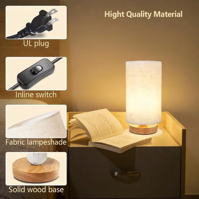 Alt view image 6 of 7 - Small Bedside Table Lamp for Bedroom, Minimalist Wood Base & Round Fabric Shade, Mini Cute Cozy Warm White Nightstand Boho Lamp, Study Desk Night Stand Light for Room, Dorm, Nursery, Living Room