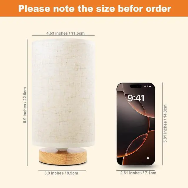 Alt view image 3 of 7 - Small Bedside Table Lamp for Bedroom, Minimalist Wood Base & Round Fabric Shade, Mini Cute Cozy Warm White Nightstand Boho Lamp, Study Desk Night Stand Light for Room, Dorm, Nursery, Living Room