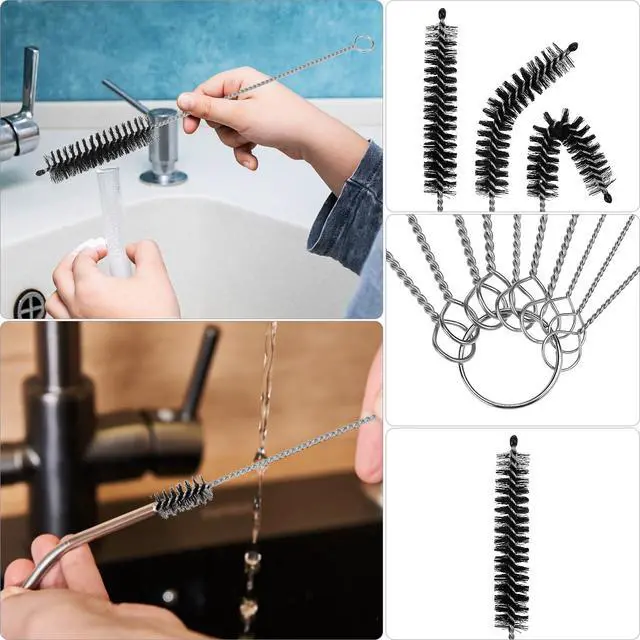 Alt view image 4 of 7 - 12Pcs Tube Pipe Cleaner Kit, 15.75" Long Handle Brush, 5.25 Ft Flexible Dual-Head Cleaner & 10 Multi-Size Nylon Brushes for Narrow Neck Bottles, Curved Glass, Feeders