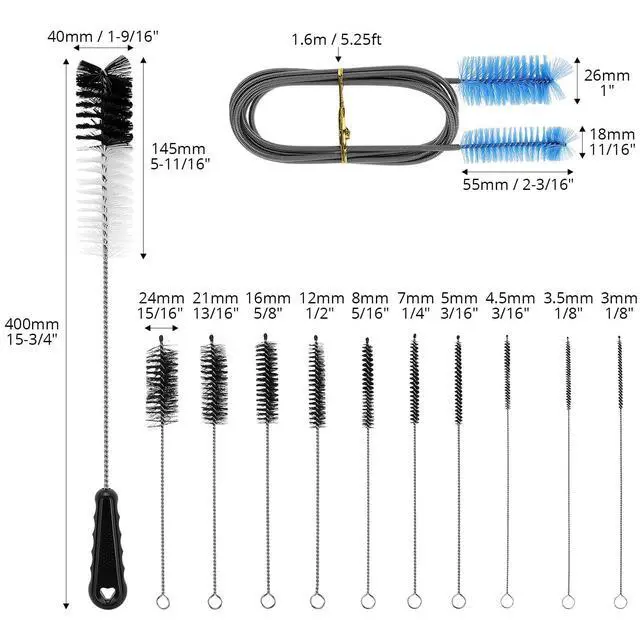 Alt view image 6 of 7 - 12Pcs Tube Pipe Cleaner Kit, 15.75" Long Handle Brush, 5.25 Ft Flexible Dual-Head Cleaner & 10 Multi-Size Nylon Brushes for Narrow Neck Bottles, Curved Glass, Feeders